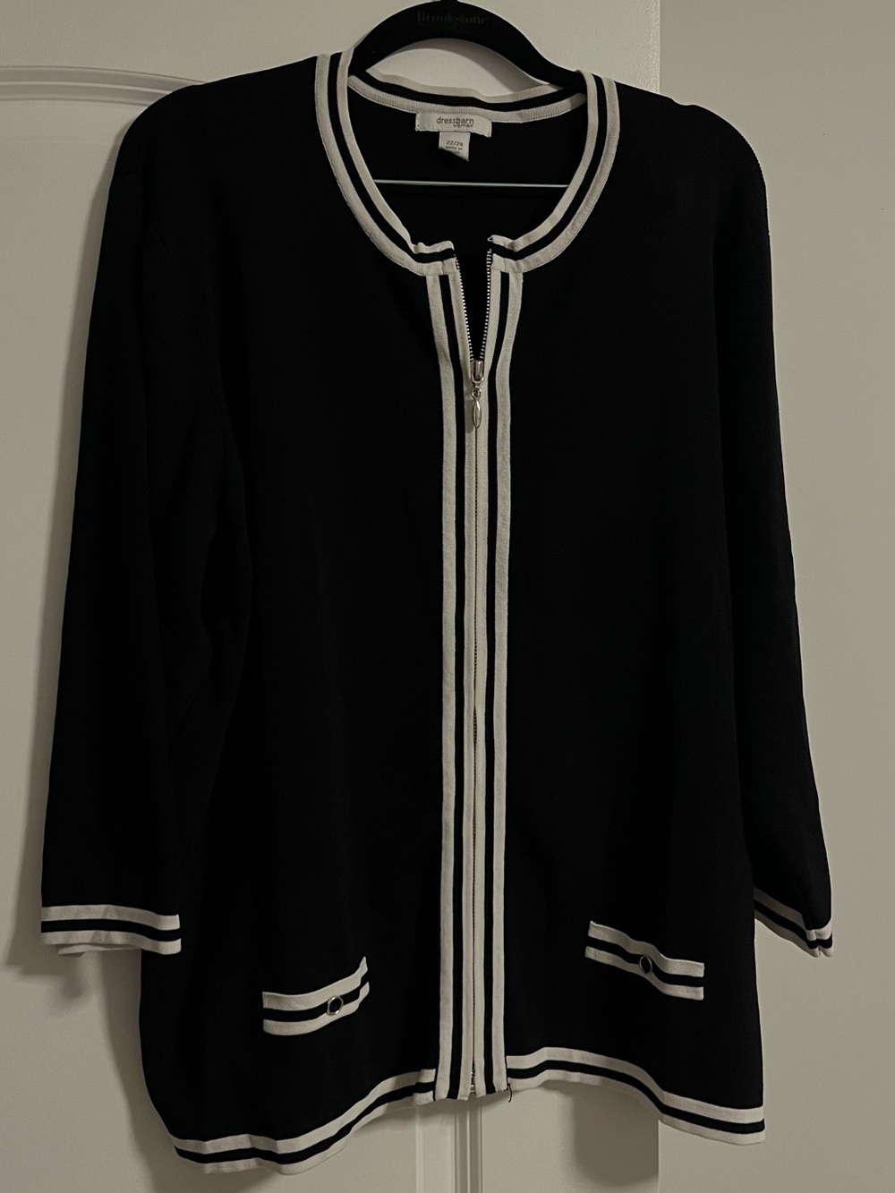 dressbarn Black Zip-Front Jacket with White Trim